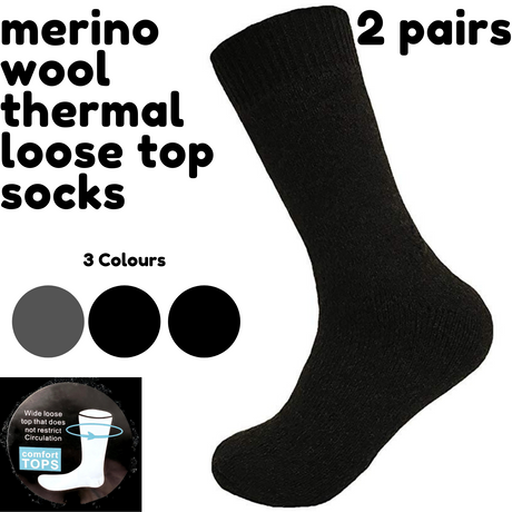 Merino Wool Mens Loose Top Thermal Socks Diabetic Comfort Circulation - 2 Pairs - Black