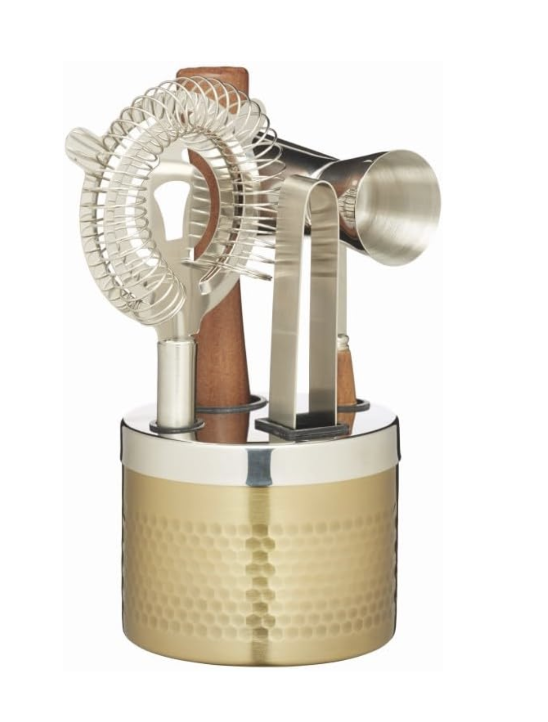 5 Piece Barcraft Brass Hammered Cocktail Bar Tool Set - Stainless Steel Drinks Maker
