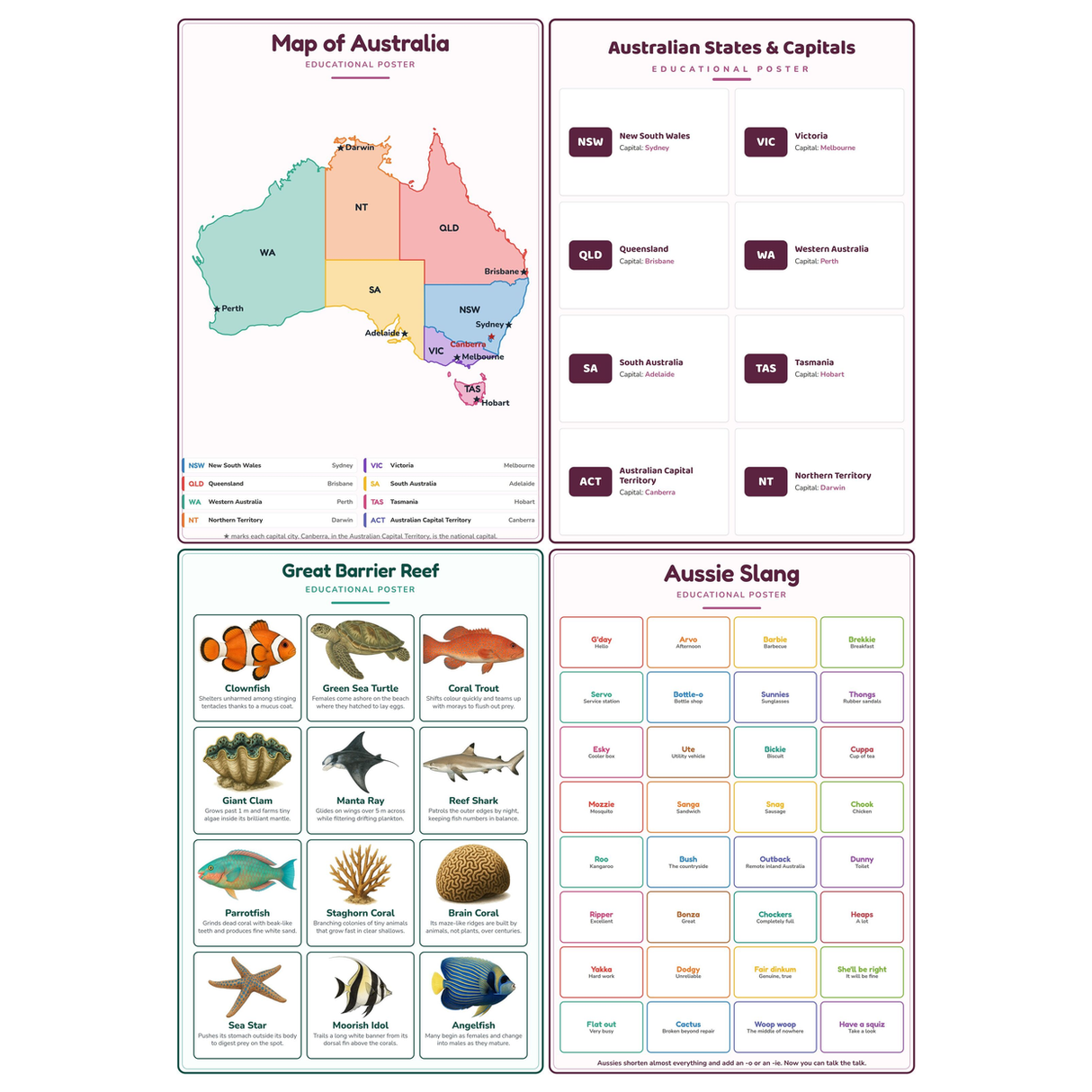 4-Pack Australia Basics Educational Posters Set - A4 Matte Laminated Prints (210x297mm)