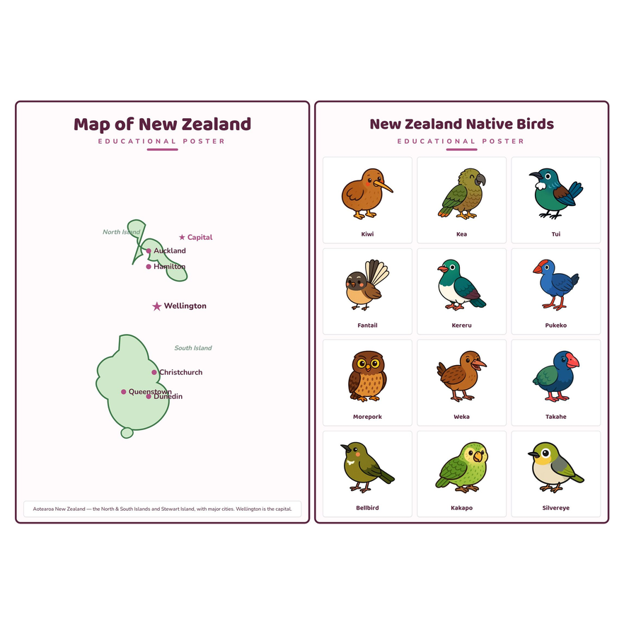 2-Pack New Zealand Educational Posters Set - A4 Matte Laminated Prints (210x297mm)