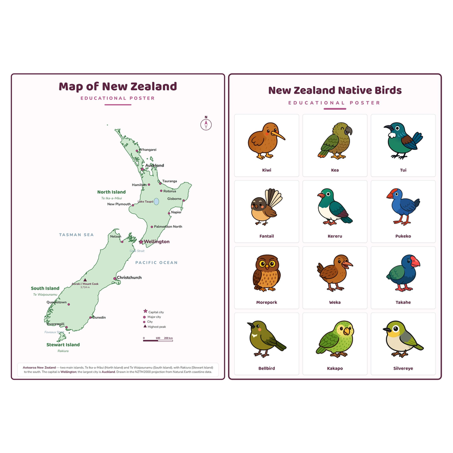 2-Pack New Zealand Educational Posters Set - A4 Matte Laminated Prints (210x297mm)