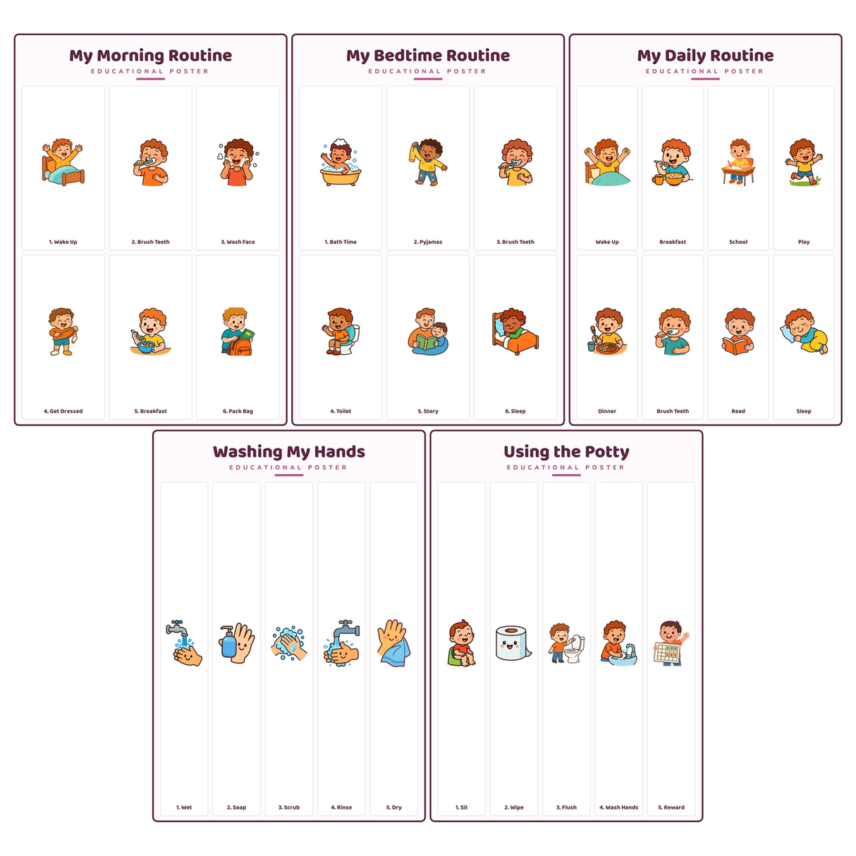 5-Pack Kids' Daily Routines Educational Posters Set - A4 Matte Laminated Prints (210x297mm)