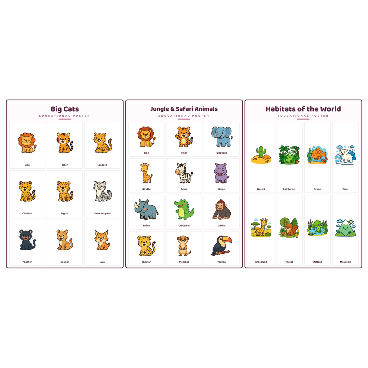 3-Pack Safari & Jungle Animals Educational Posters Set - A4 Matte Laminated Prints (210x297mm)