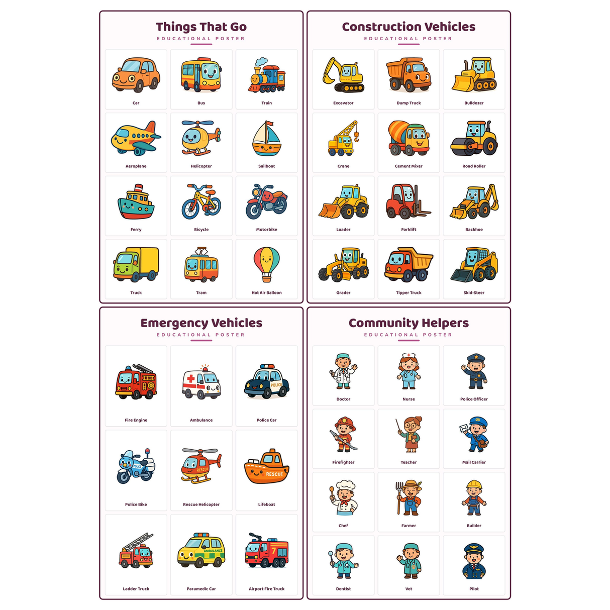 4-Pack Transport & Vehicles Educational Posters Set - A4 Matte Laminated Prints (210x297mm)