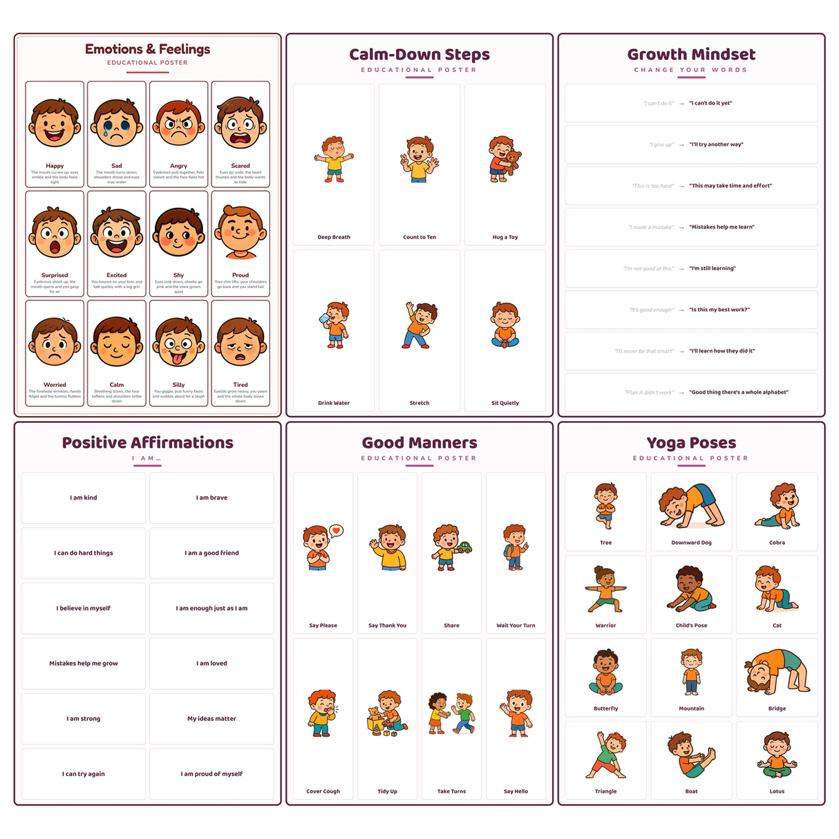 6-Pack Feelings & Wellbeing Educational Posters Set - A4 Matte Laminated Prints (210x297mm)