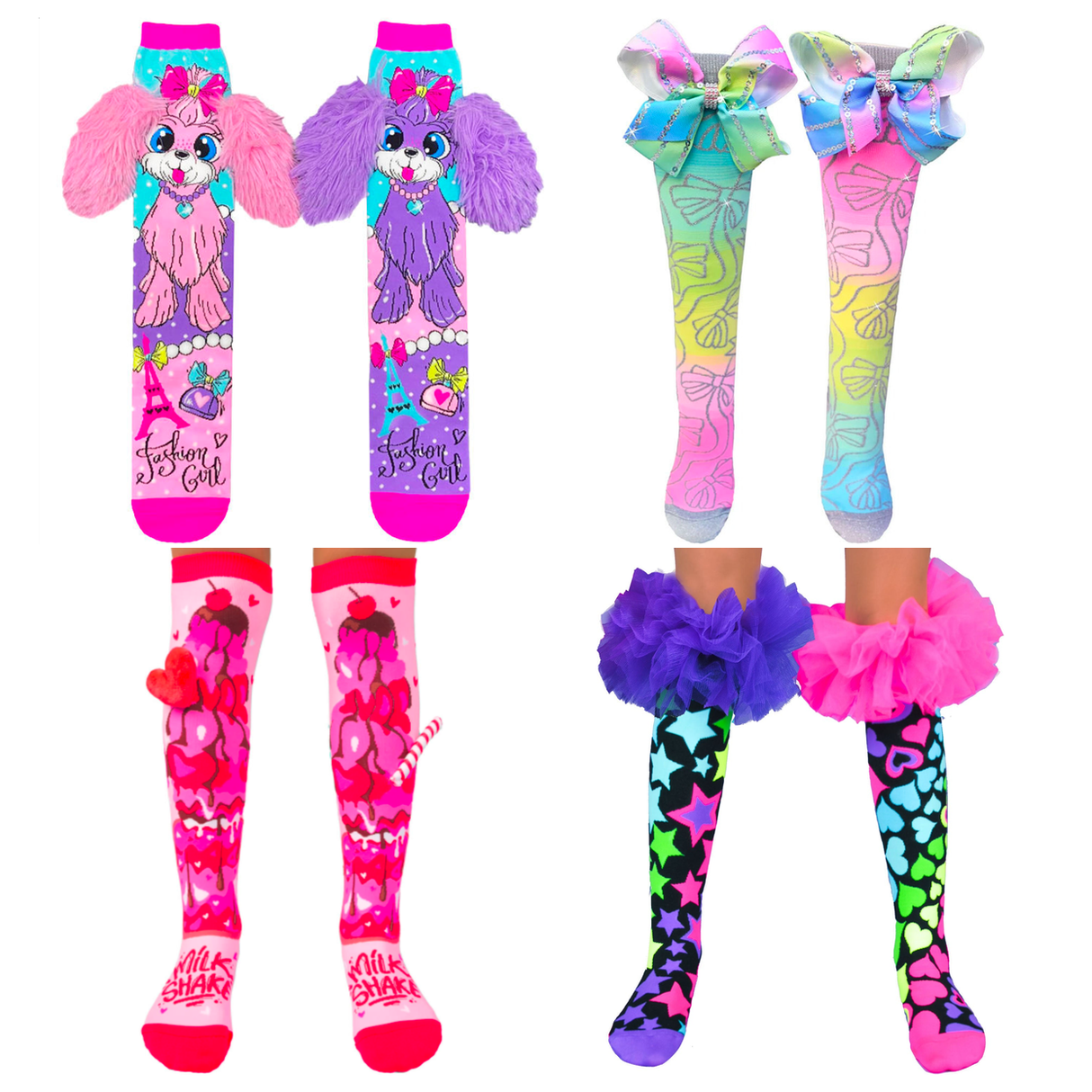 MADMIA 4-Pack Coco in Paris Bows Love Heart & Frills Girls Knee High Socks - Toddlers Ages 3-5