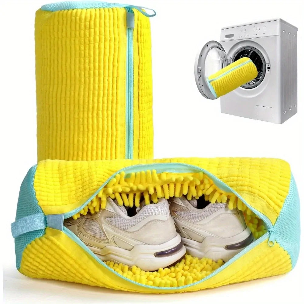 Durable Shoe Washing Machine Bag - Yellow with Blue Zipper, Protective Laundry Bag with Fluffy Interior for Sneakers, Casual, Mesh & Canvas Shoes