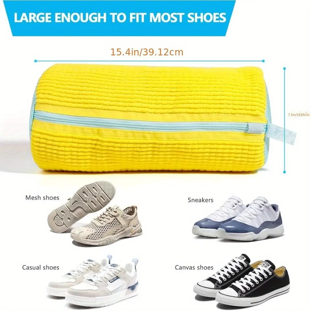 Durable Shoe Washing Machine Bag - Yellow with Blue Zipper, Protective Laundry Bag with Fluffy Interior for Sneakers, Casual, Mesh & Canvas Shoes