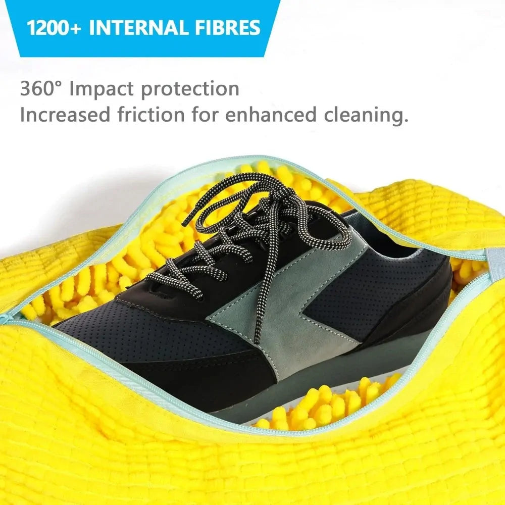Durable Shoe Washing Machine Bag - Yellow with Blue Zipper, Protective Laundry Bag with Fluffy Interior for Sneakers, Casual, Mesh & Canvas Shoes