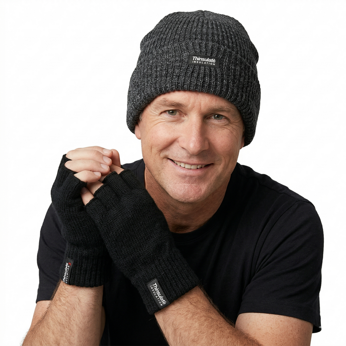 Dents Mens 2pc Winter Set - 3M Thinsulate Beanie Hat & Fingerless Knitted Gloves