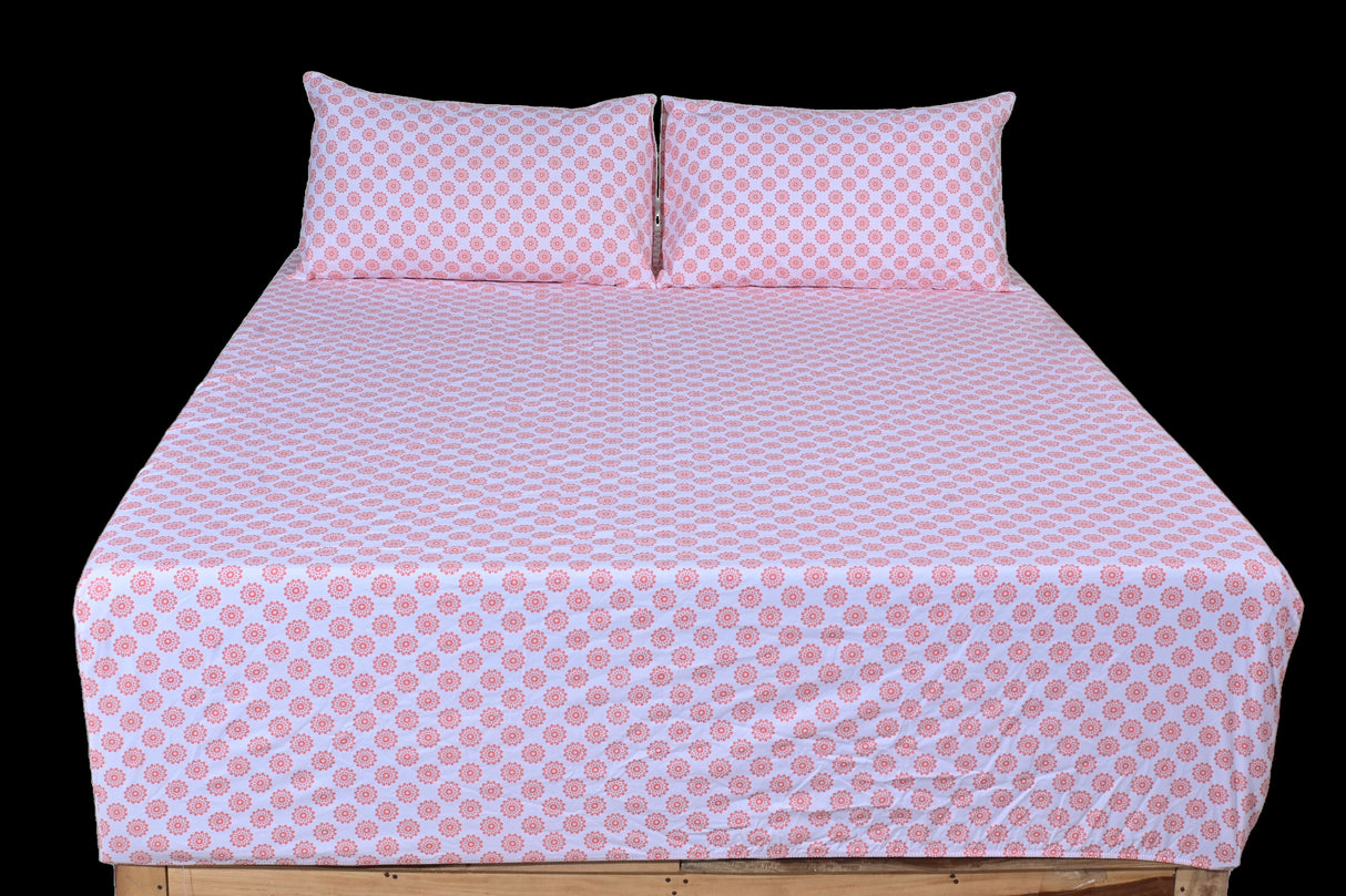 Blush Medallion Pure Cotton Fitted Bed Sheet + Pillowcase Set