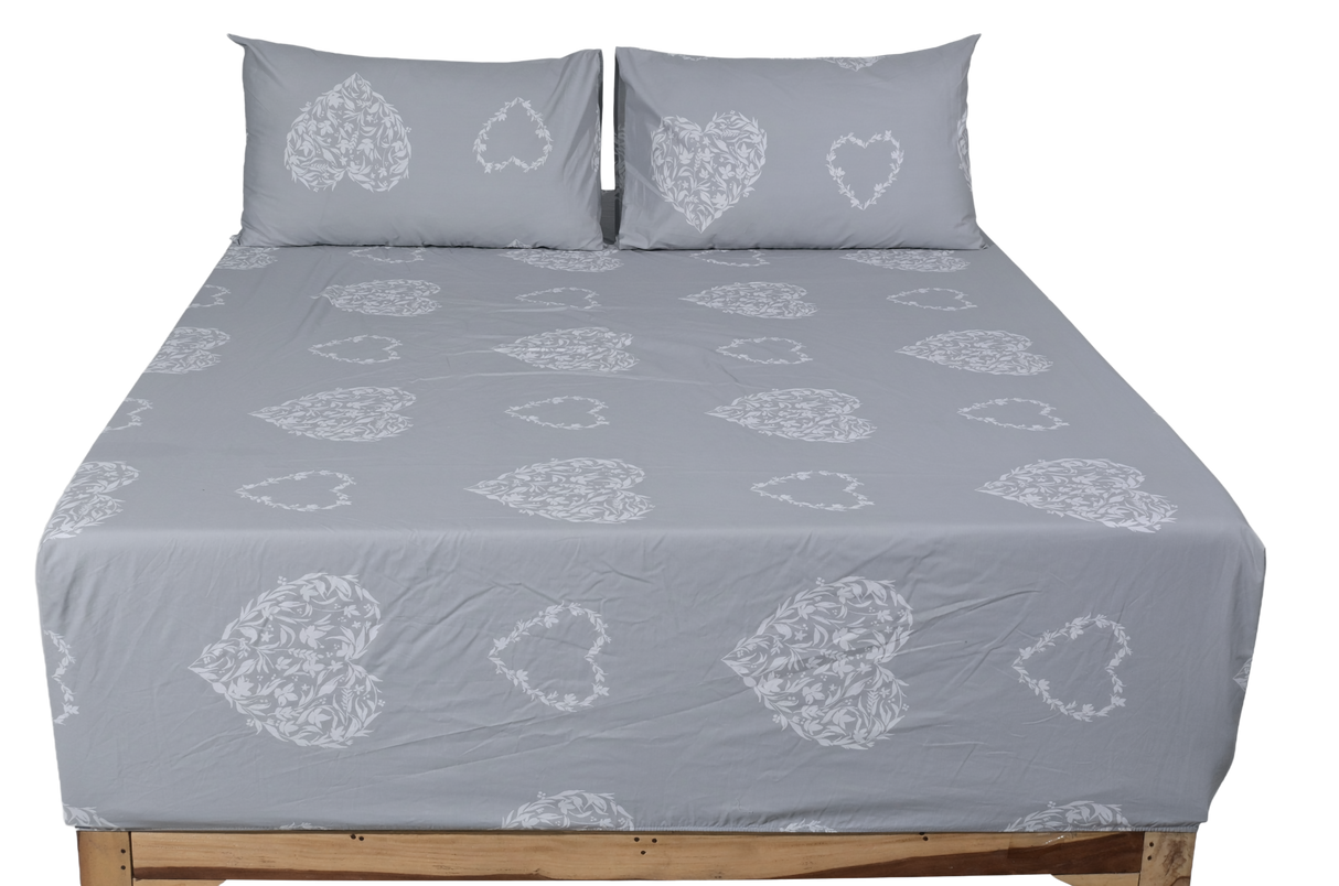 Damask Heart Pure Cotton Fitted Bed Sheet + Pillowcase Set