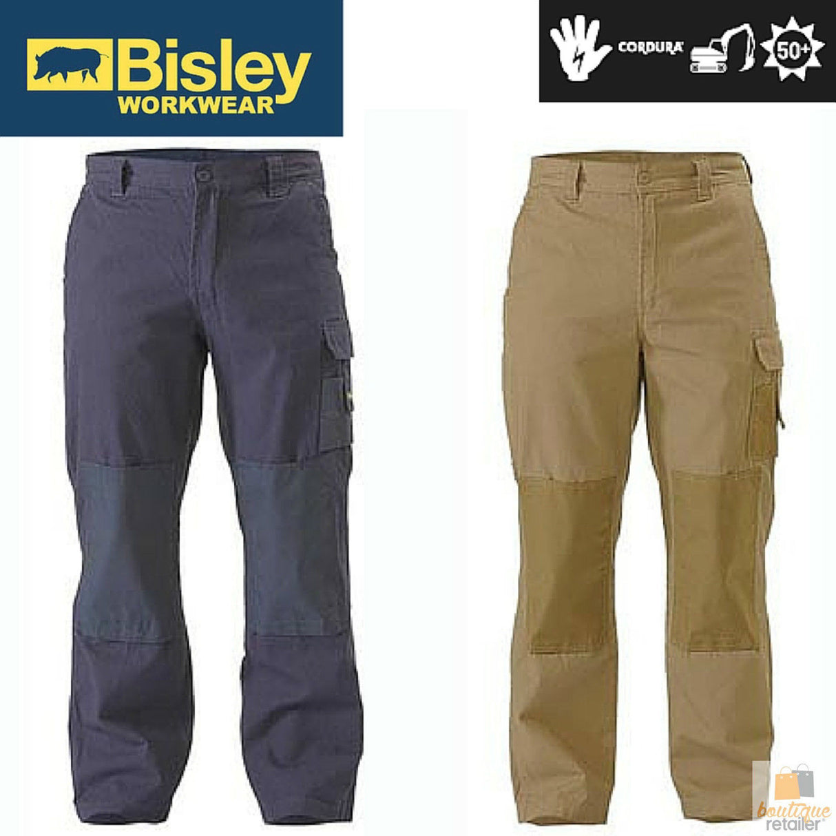 BISLEY Mens Razar Cordura Utility Pants Workwear Cotton Trousers Work BPU6110 - Khaki