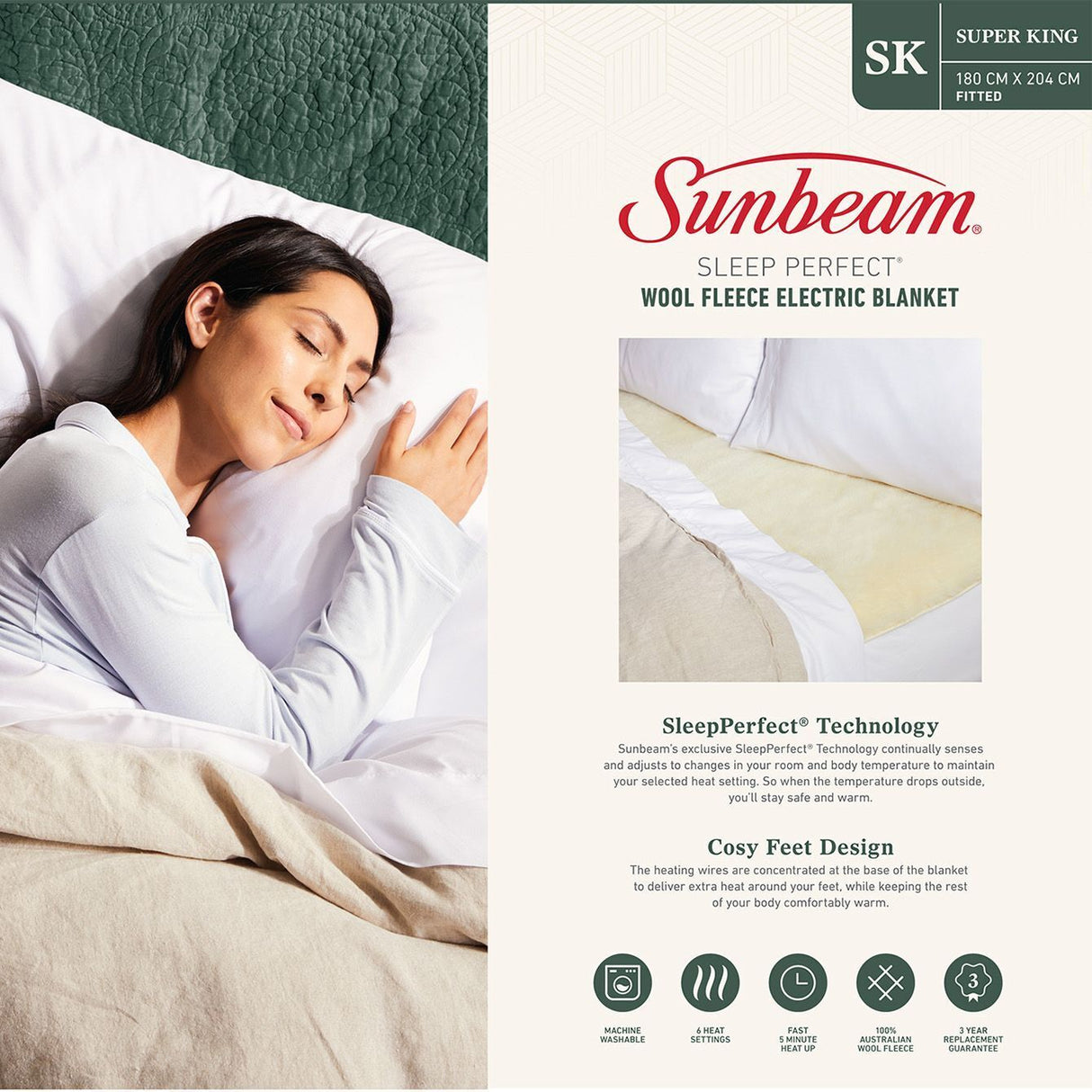 Sunbeam Heated Electric Blanket - Super King - Fleece Wool - BLW5681