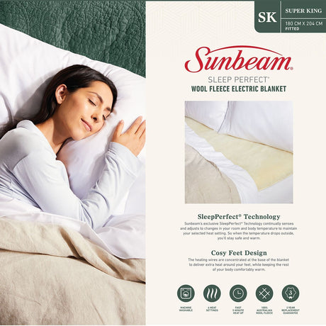 Sunbeam Heated Electric Blanket - Super King - Fleece Wool - BLW5681