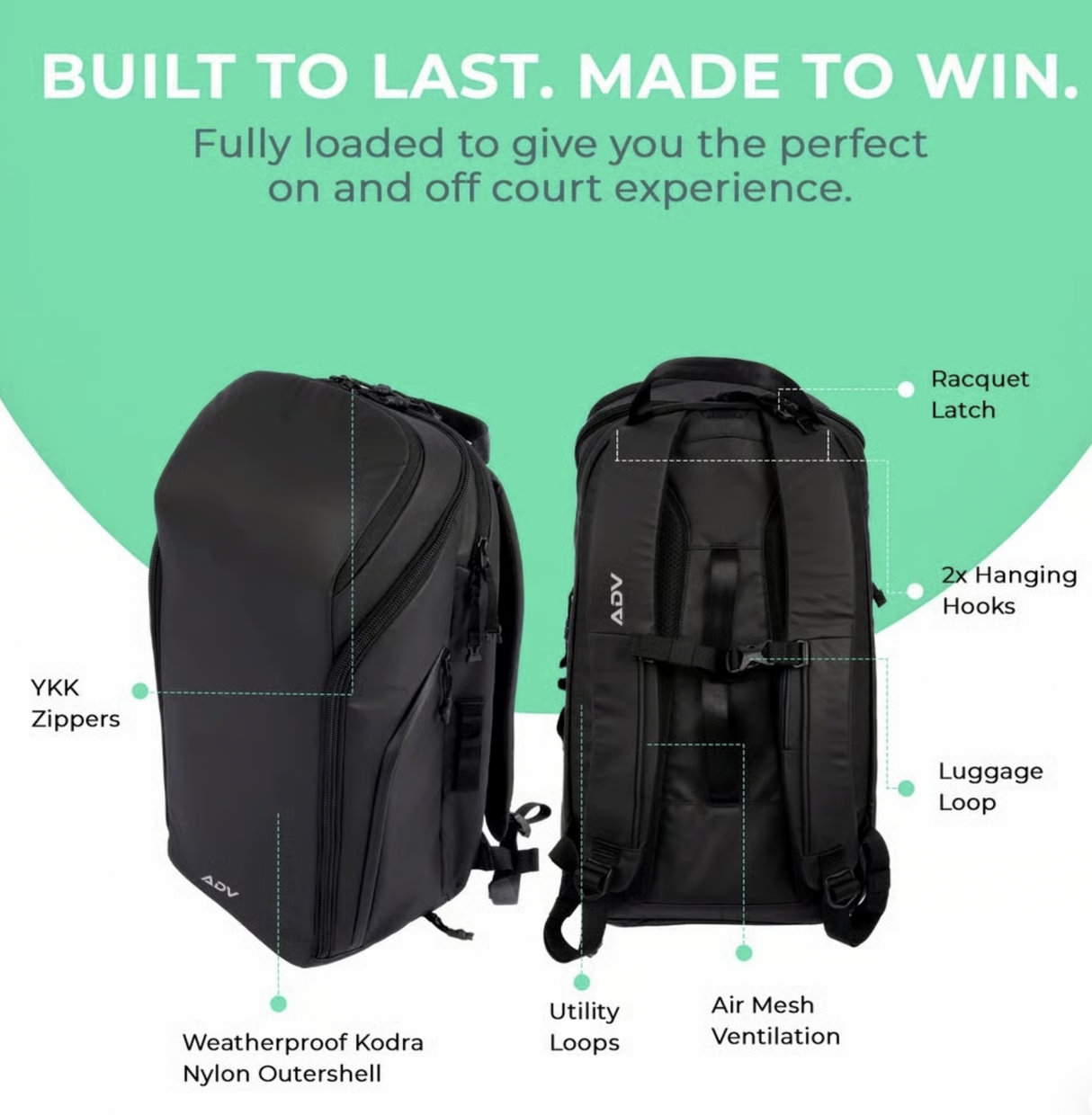 ADV Tennis Backpack V2 Bag (3 Racquet Capacity) w/ 16" Laptop Sleeve + Cooler in Midnight Black/Charcoal