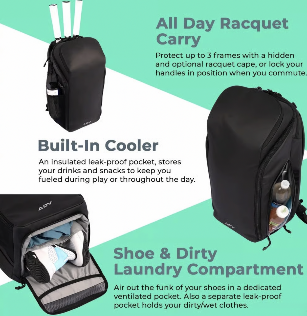 ADV Tennis Backpack V2 Bag (3 Racquet Capacity) w/ 16" Laptop Sleeve + Cooler in Midnight Black/Charcoal