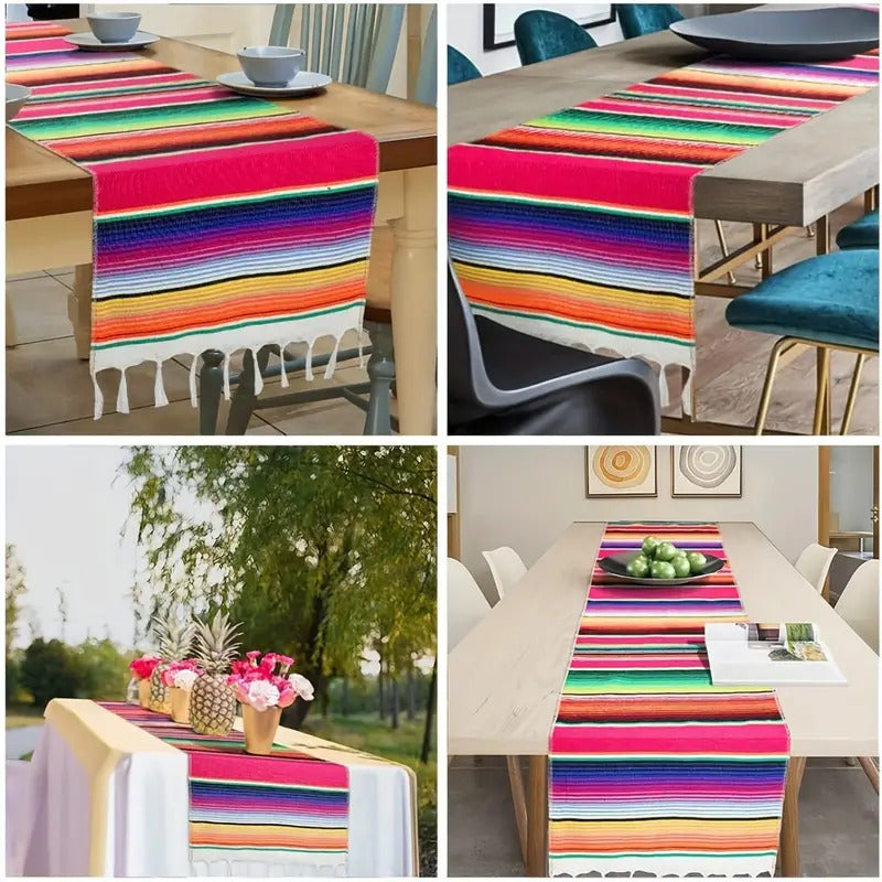 Rainbow Table Cloth Runner Stripe w/ Tassel Mexican Tablecloth Wedding Party Decor