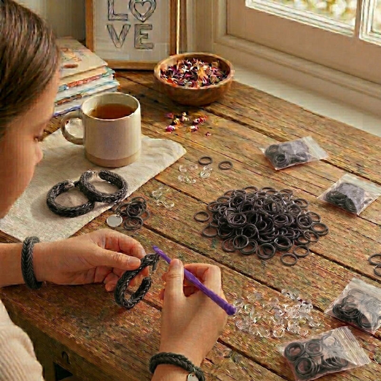 1200pcs Black Loom Bands Refill Kit - Kids DIY Rubber Bracelet Craft Set w/ 12 S Clips & 1 Hook