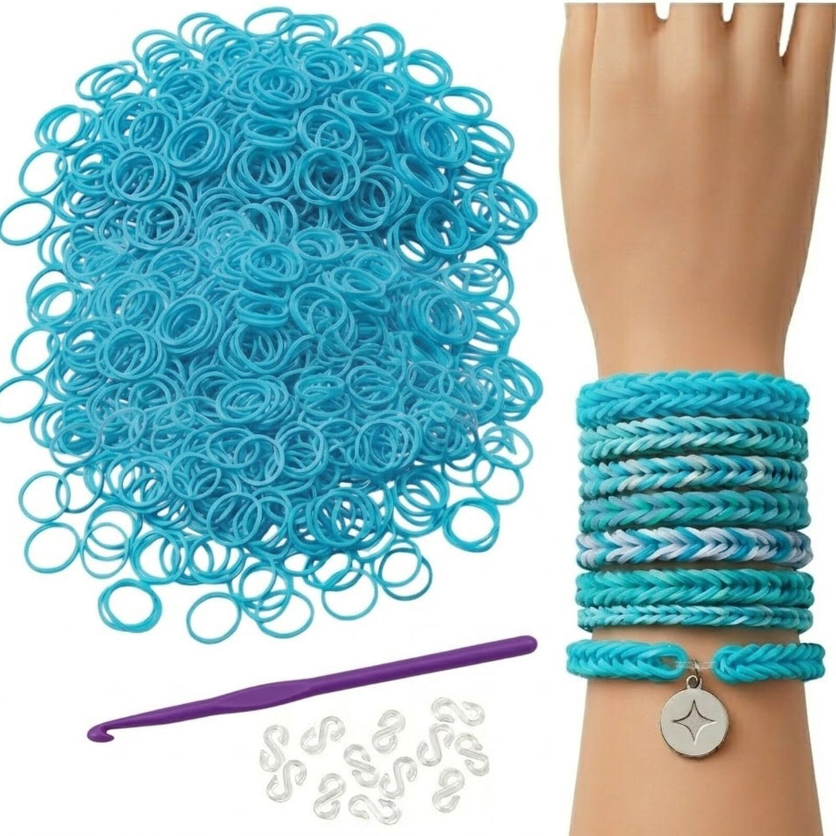 1200pcs Blue Loom Bands Refill Kit - Kids DIY Rubber Bracelet Craft Set w/ 12 S Clips & 1 Hook