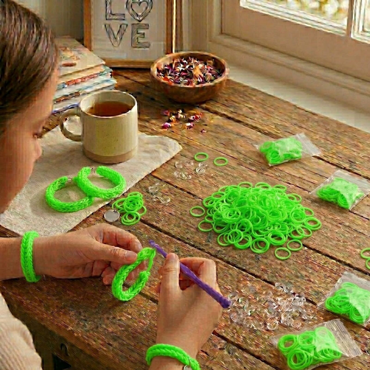 1200pcs Green Loom Bands Refill Kit - Kids DIY Rubber Bracelet Craft Set w/ 12 S Clips & 1 Hook