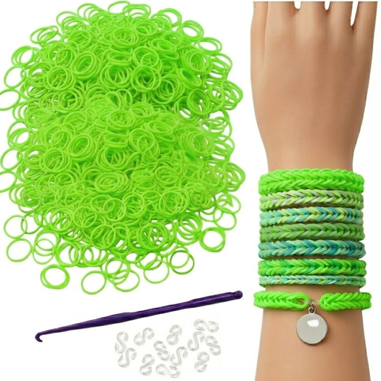1200pcs Green Loom Bands Refill Kit - Kids DIY Rubber Bracelet Craft Set w/ 12 S Clips & 1 Hook