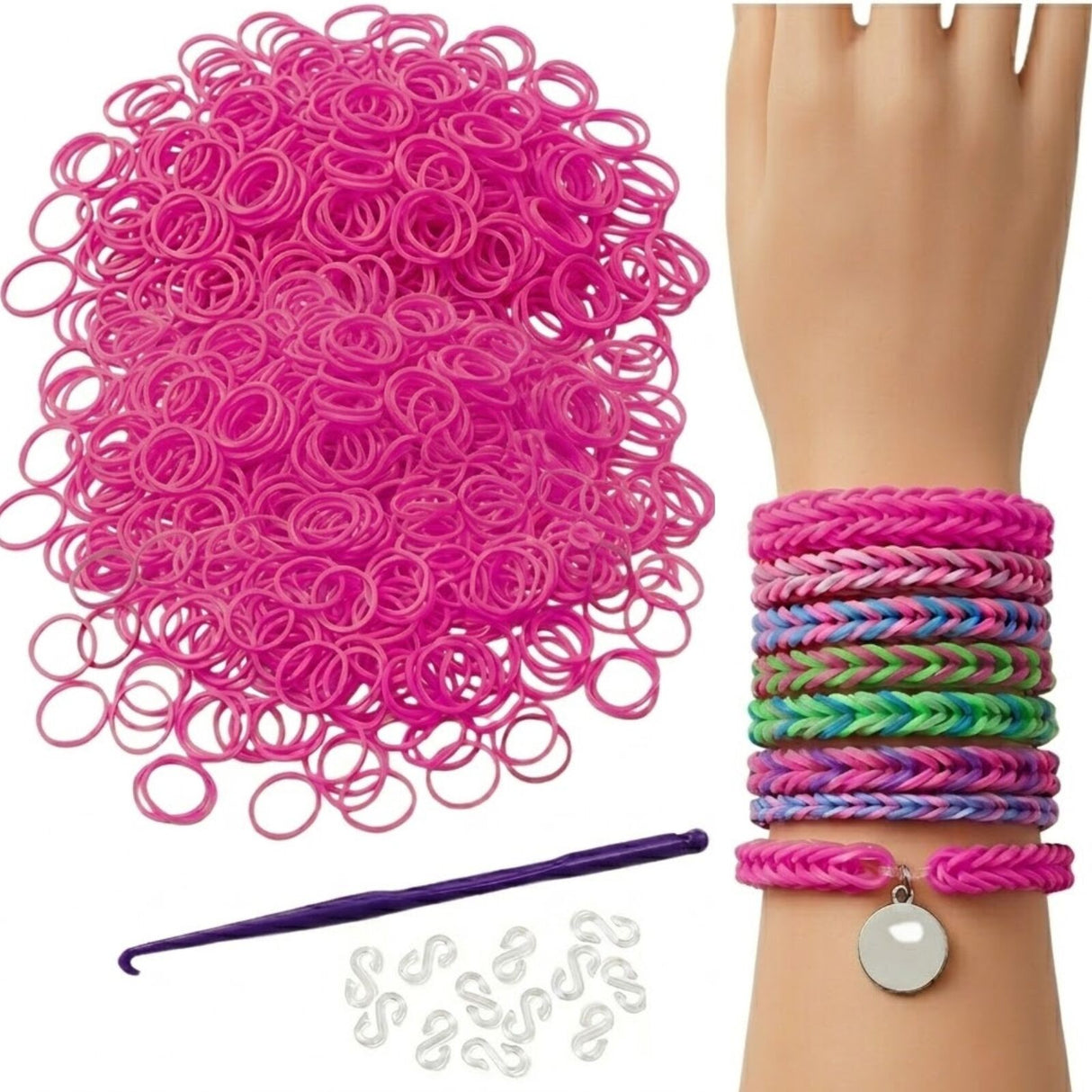 1200pcs Hot Pink Loom Bands Refill Kit - Kids DIY Rubber Bracelet Craft Set w/ 12 S Clips & 1 Hook