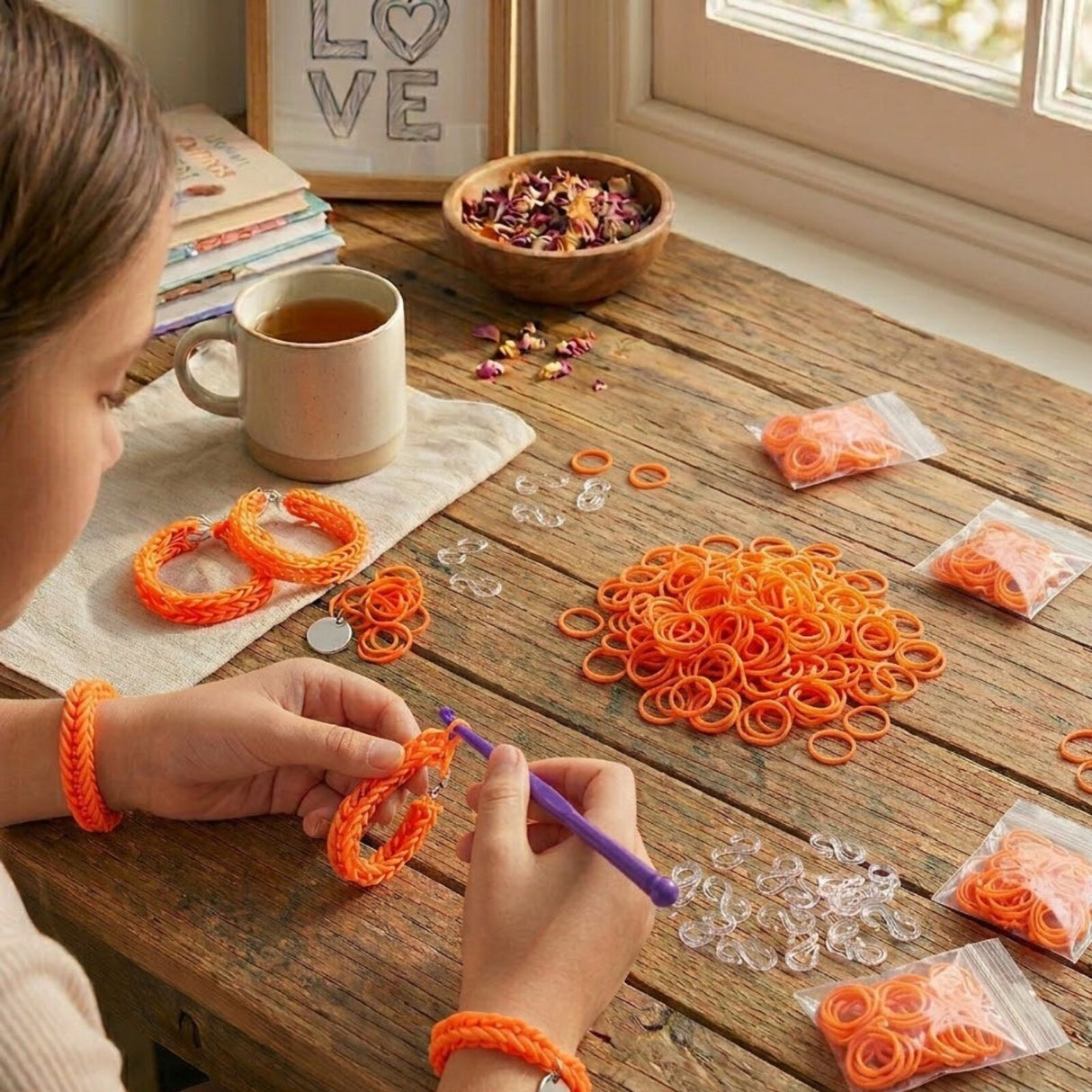1200pcs Orange Loom Bands Refill Kit - Kids DIY Rubber Bracelet Craft Set w/ 12 S Clips & 1 Hook