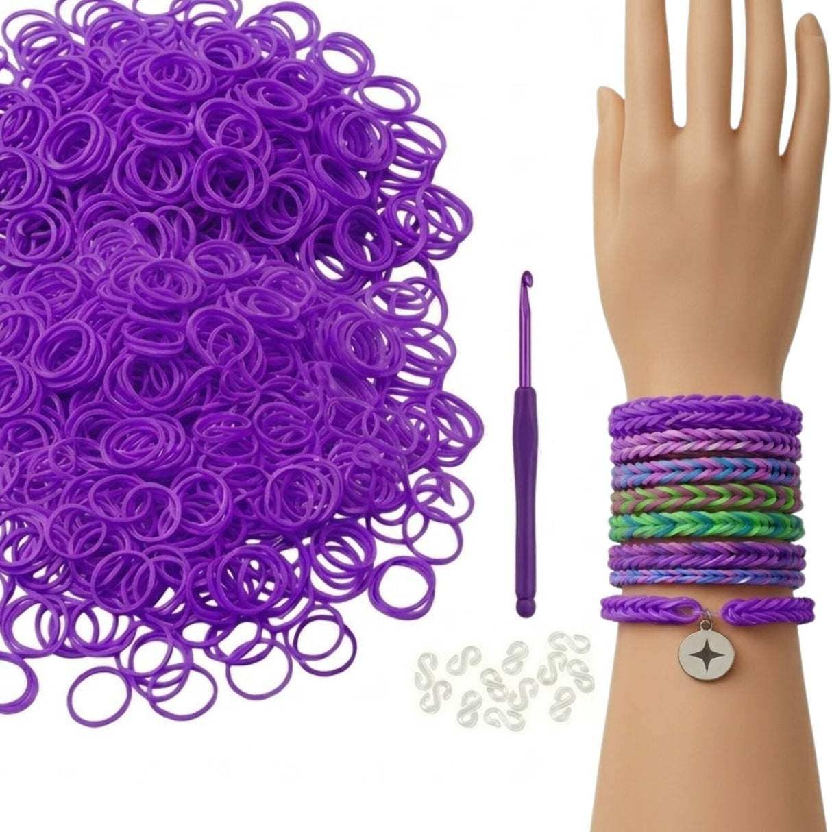 1200pcs Purple Loom Bands Refill Kit - Kids DIY Rubber Bracelet Craft Set w/ 12 S Clips & 1 Hook