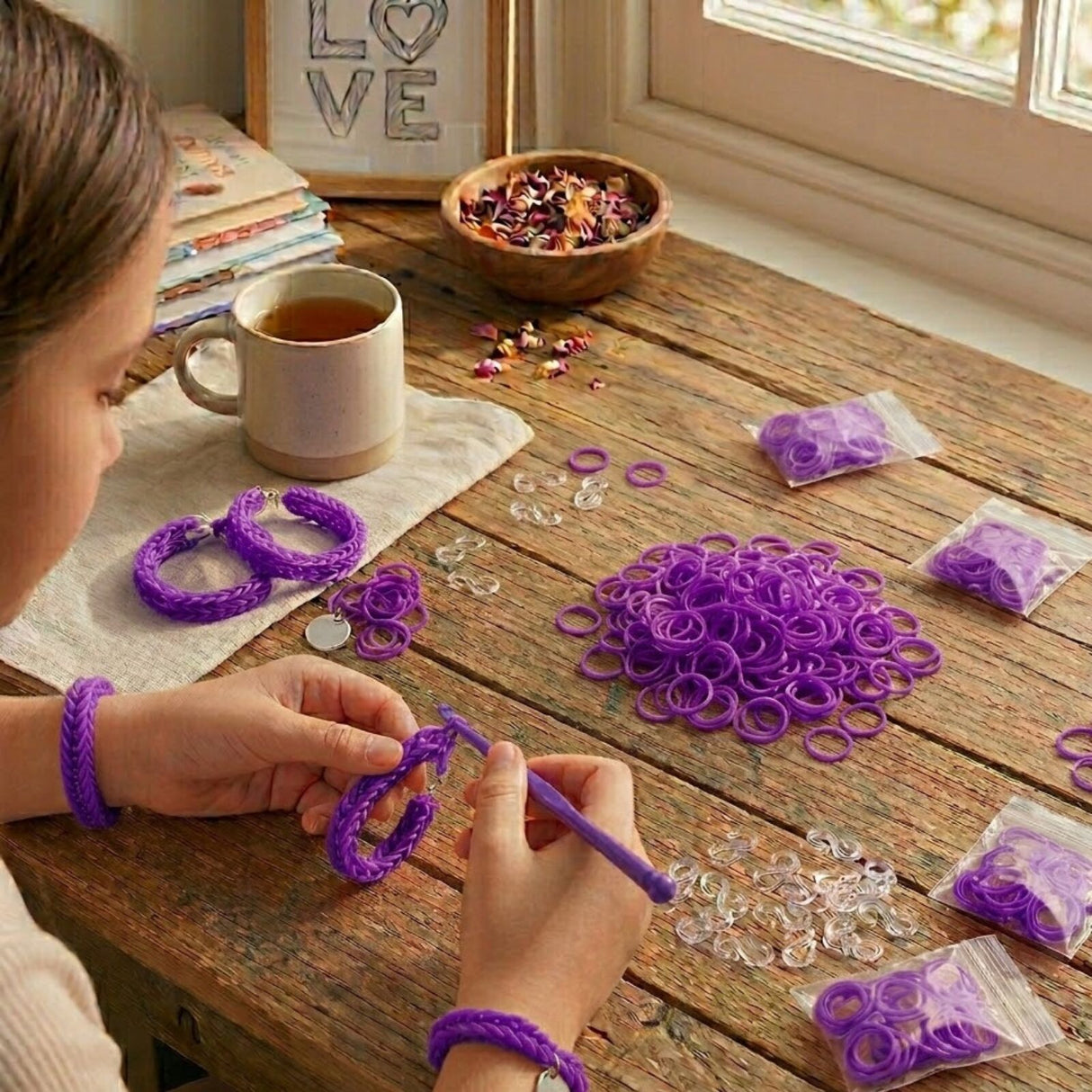 1200pcs Purple Loom Bands Refill Kit - Kids DIY Rubber Bracelet Craft Set w/ 12 S Clips & 1 Hook