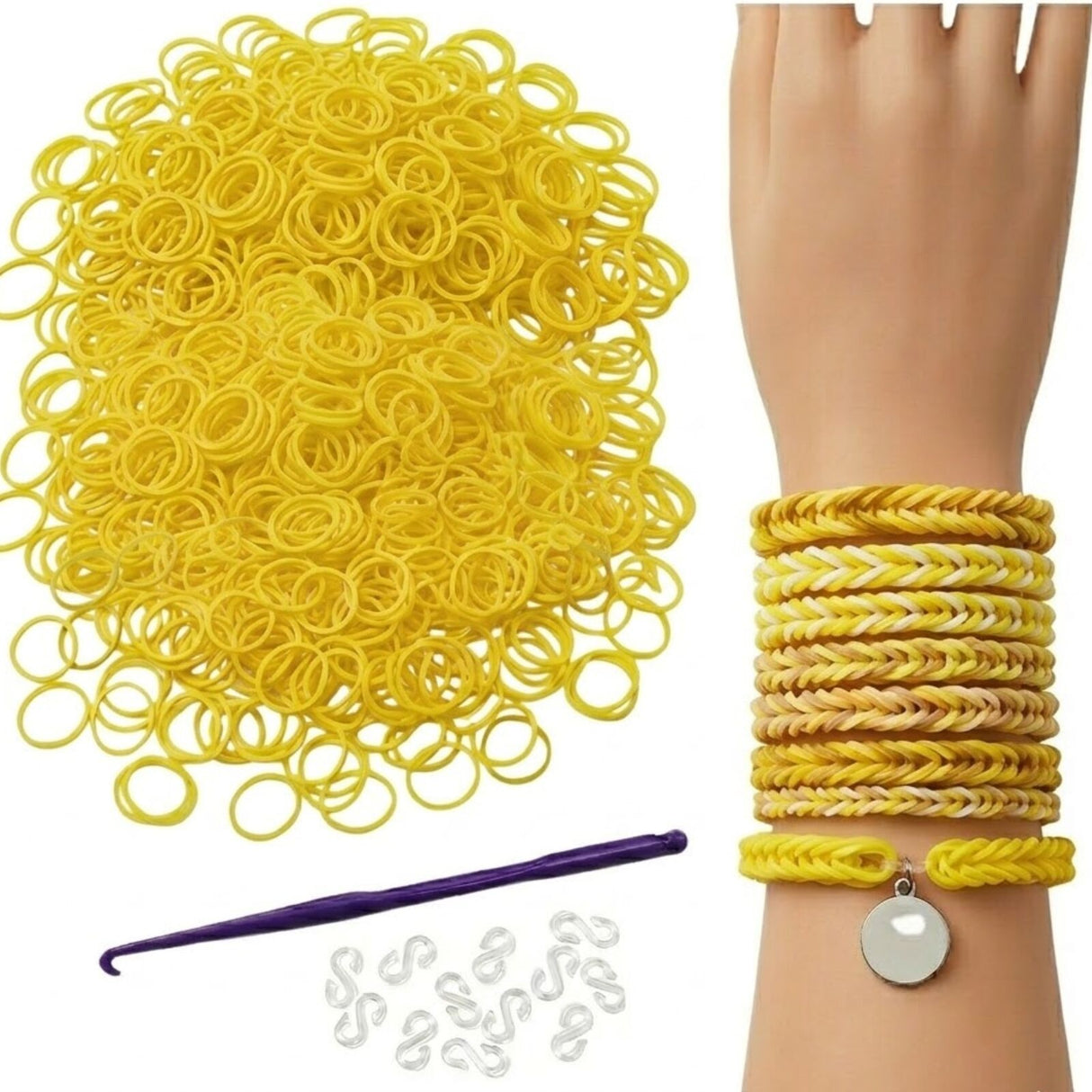 1200pcs Yellow Loom Bands Refill Kit - Kids DIY Rubber Bracelet Craft Set w/ 12 S Clips & 1 Hook