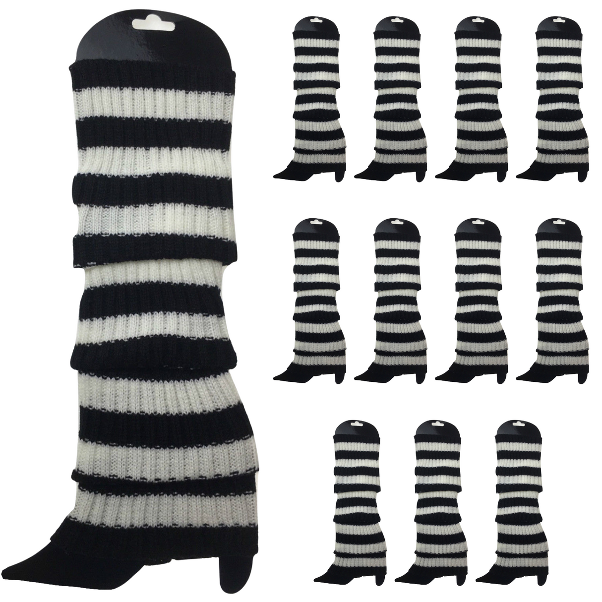 12x Black/White Stripe Ribbed Leg Warmers Bulk Pack - Womens Dance Costume/80s Party