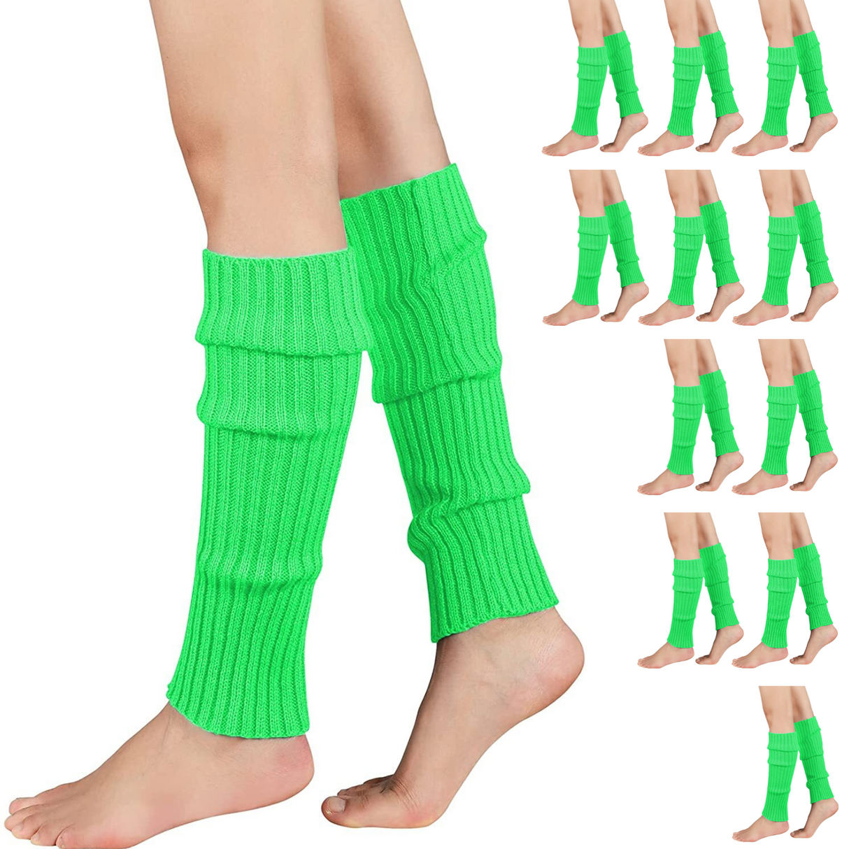 12x Fluro Green Ribbed Leg Warmers Bulk Pack - Womens Dance Costume/80s Party