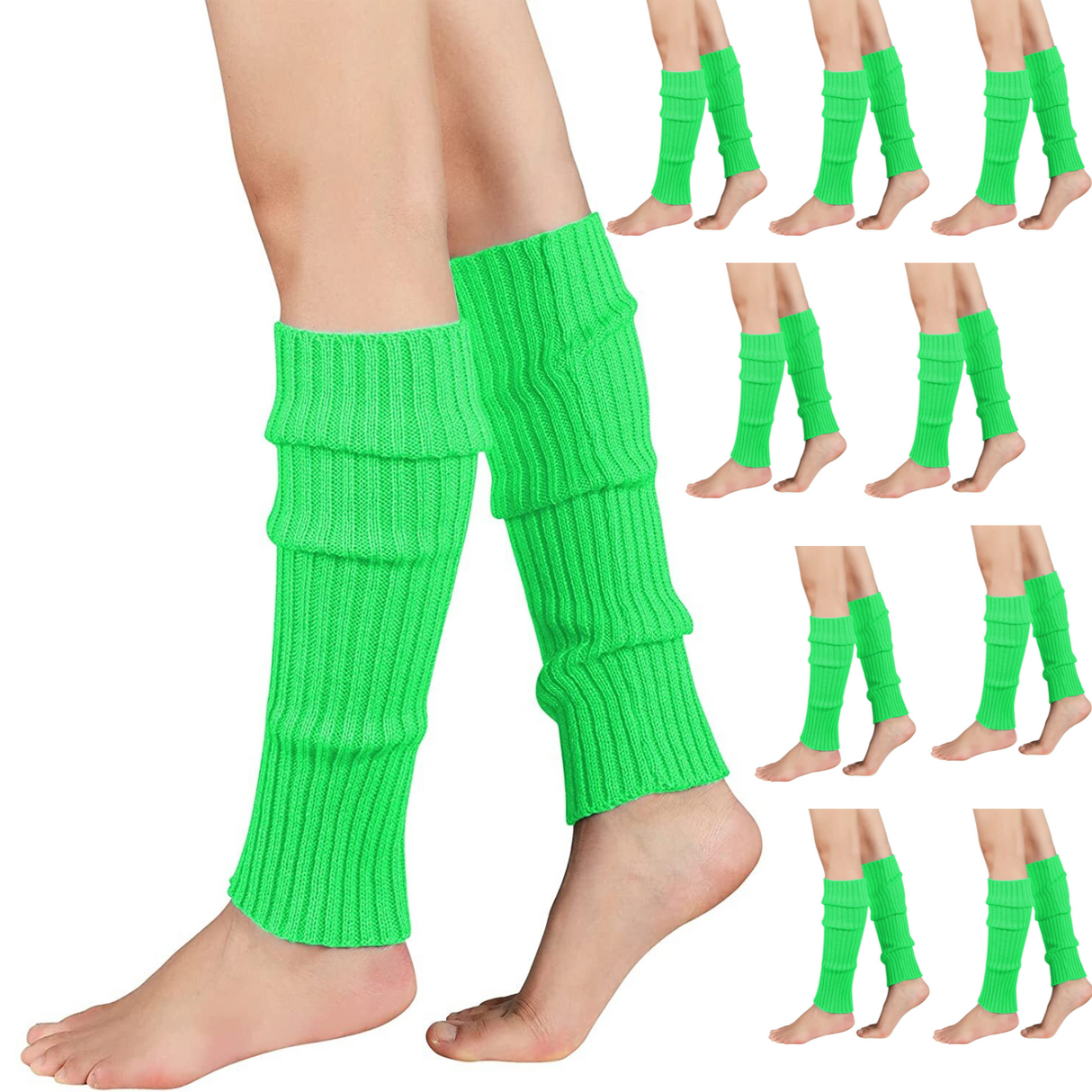 12x Fluro Green Ribbed Leg Warmers Bulk Pack - Womens Dance Costume/80s Party