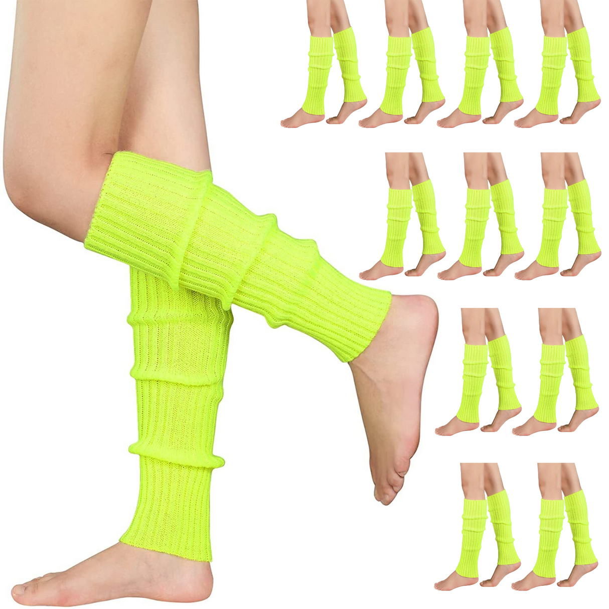 12x Fluro Yellow Ribbed Leg Warmers Bulk Pack - Womens Dance Costume/80s Party