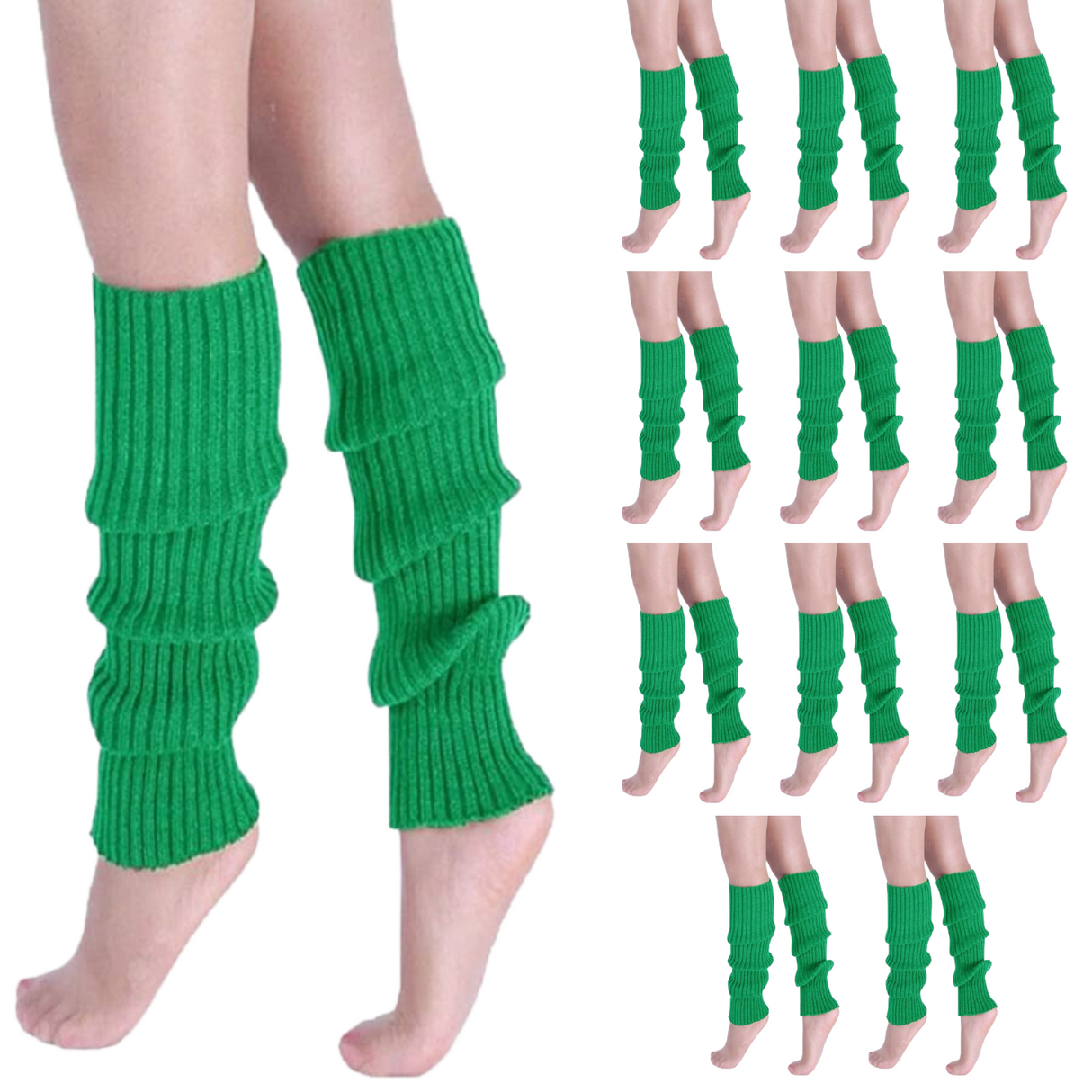 12x Green Ribbed Leg Warmers Bulk Pack - Womens Dance Costume/80s Party