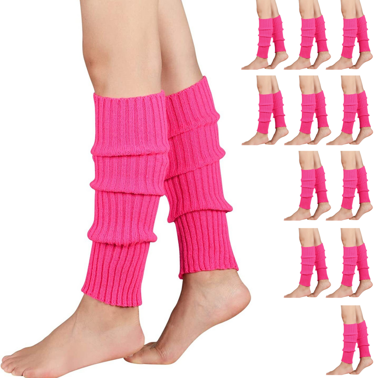 12x Hot Pink Ribbed Leg Warmers Bulk Pack - Womens Dance Costume/80s Party