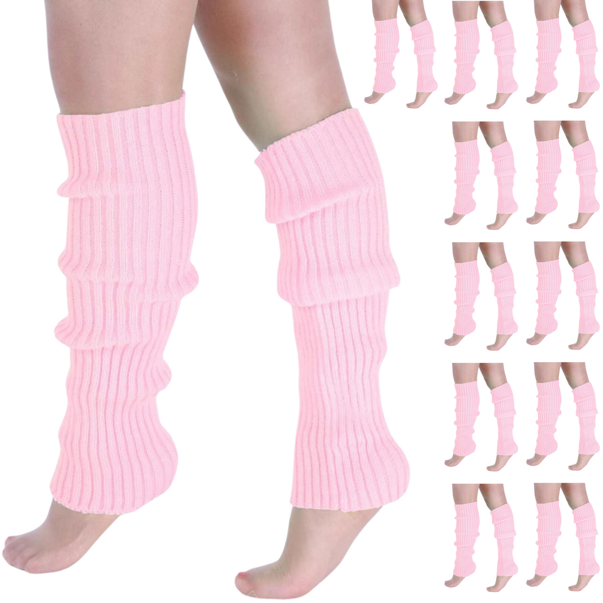 12x Light Pink Ribbed Leg Warmers Bulk Pack - Womens Dance Costume/80s Party