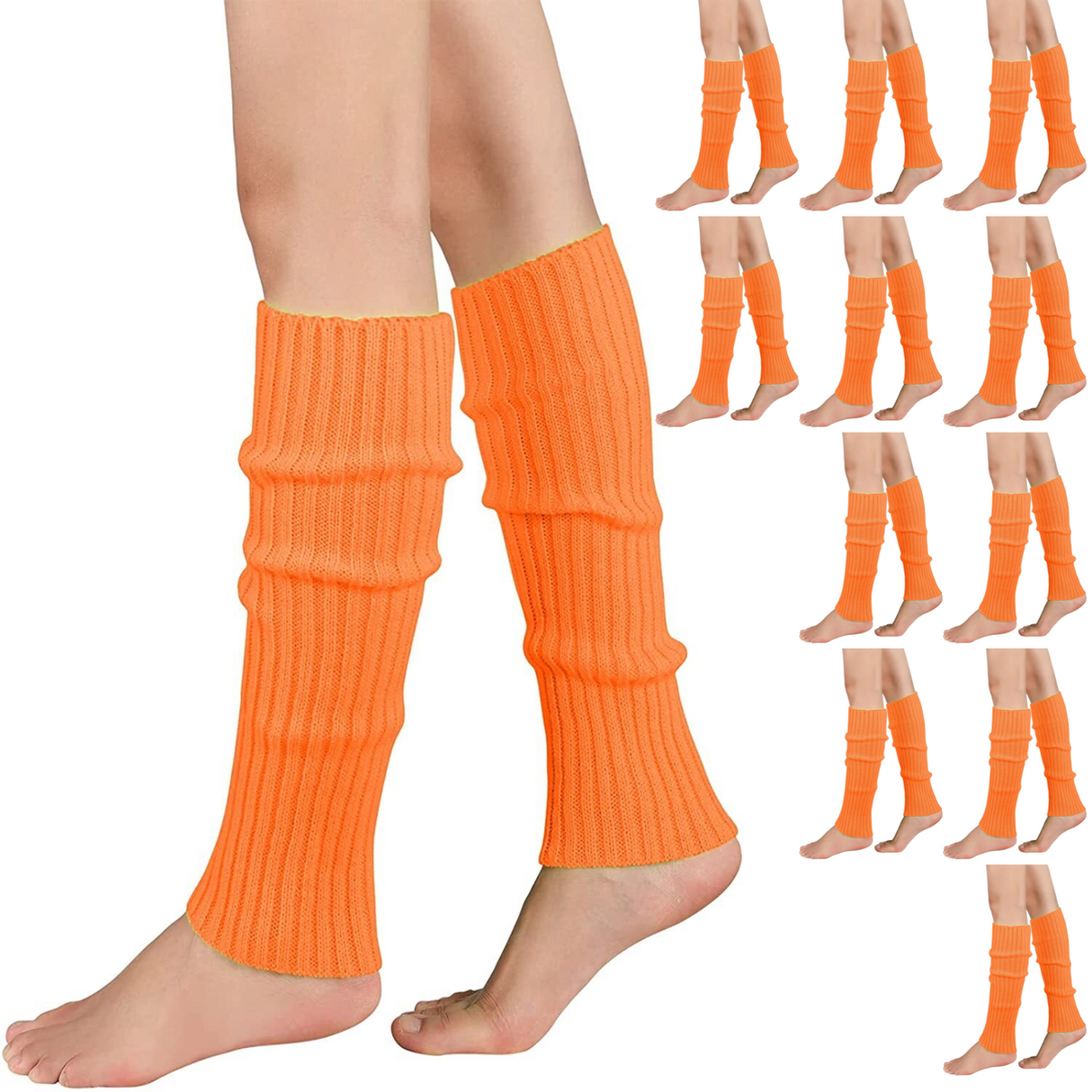 12x Orange Ribbed Leg Warmers Bulk Pack - Womens Dance Costume/80s Party