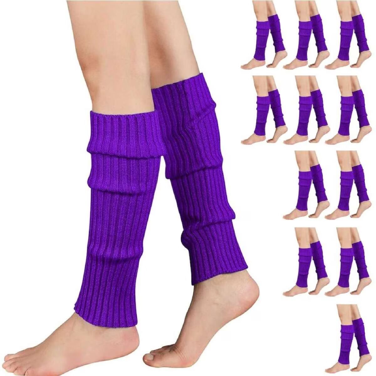 12x Purple Ribbed Leg Warmers Bulk Pack - Womens Dance Costume/80s Party