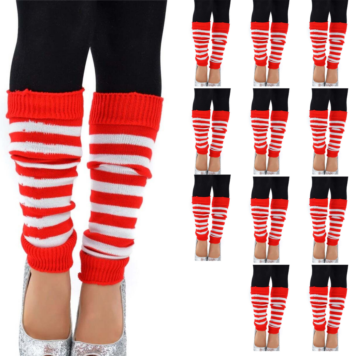 12x Red/White Stripe Ribbed Leg Warmers Bulk - Womens Dance Costume/80s Party