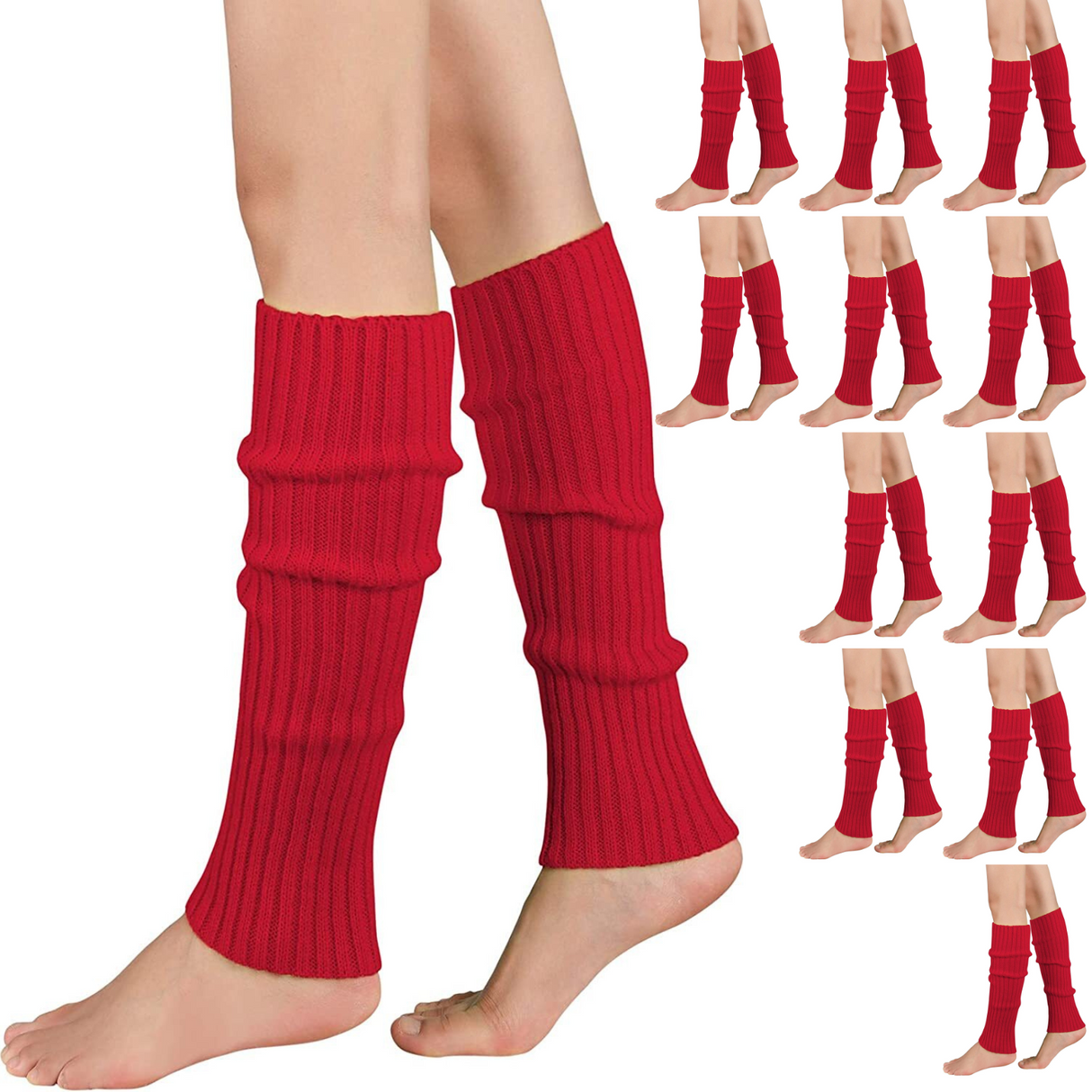 12x Red Ribbed Leg Warmers Bulk Pack - Womens Dance Costume/80s Party