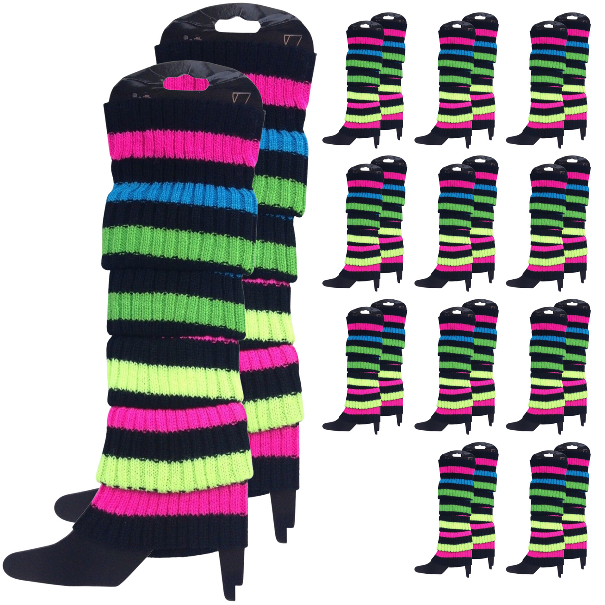 12x Rainbow/Black Stripe Ribbed Leg Warmers Bulk - Womens Dance Costume/80s Party