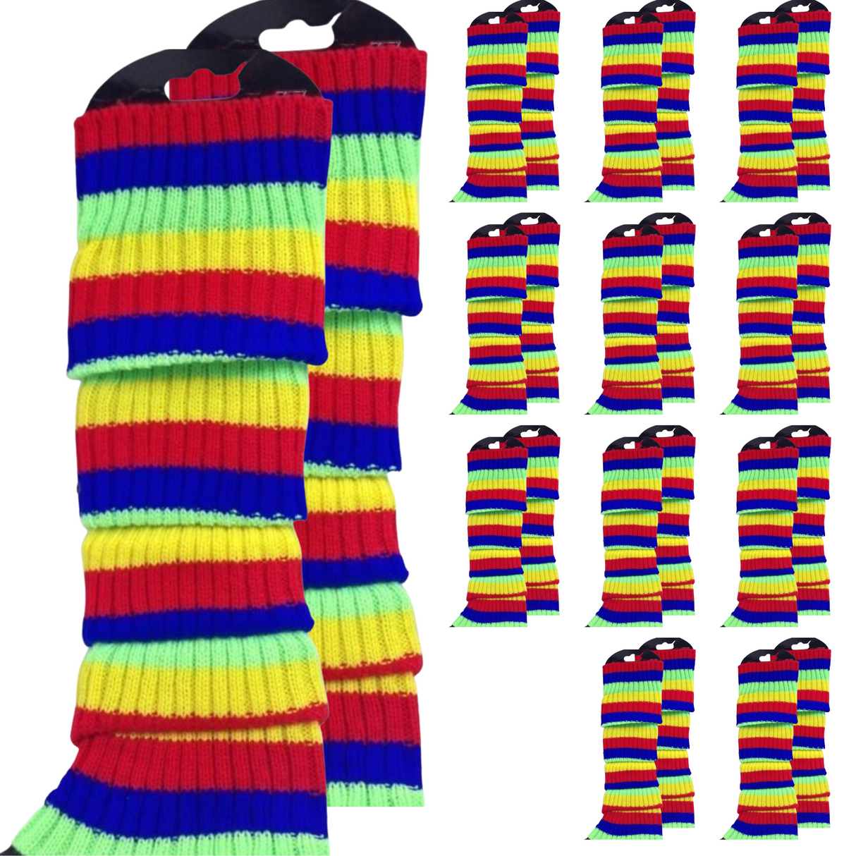 12x Rainbow Ribbed Leg Warmers Bulk - Womens Dance Costume/80s Party