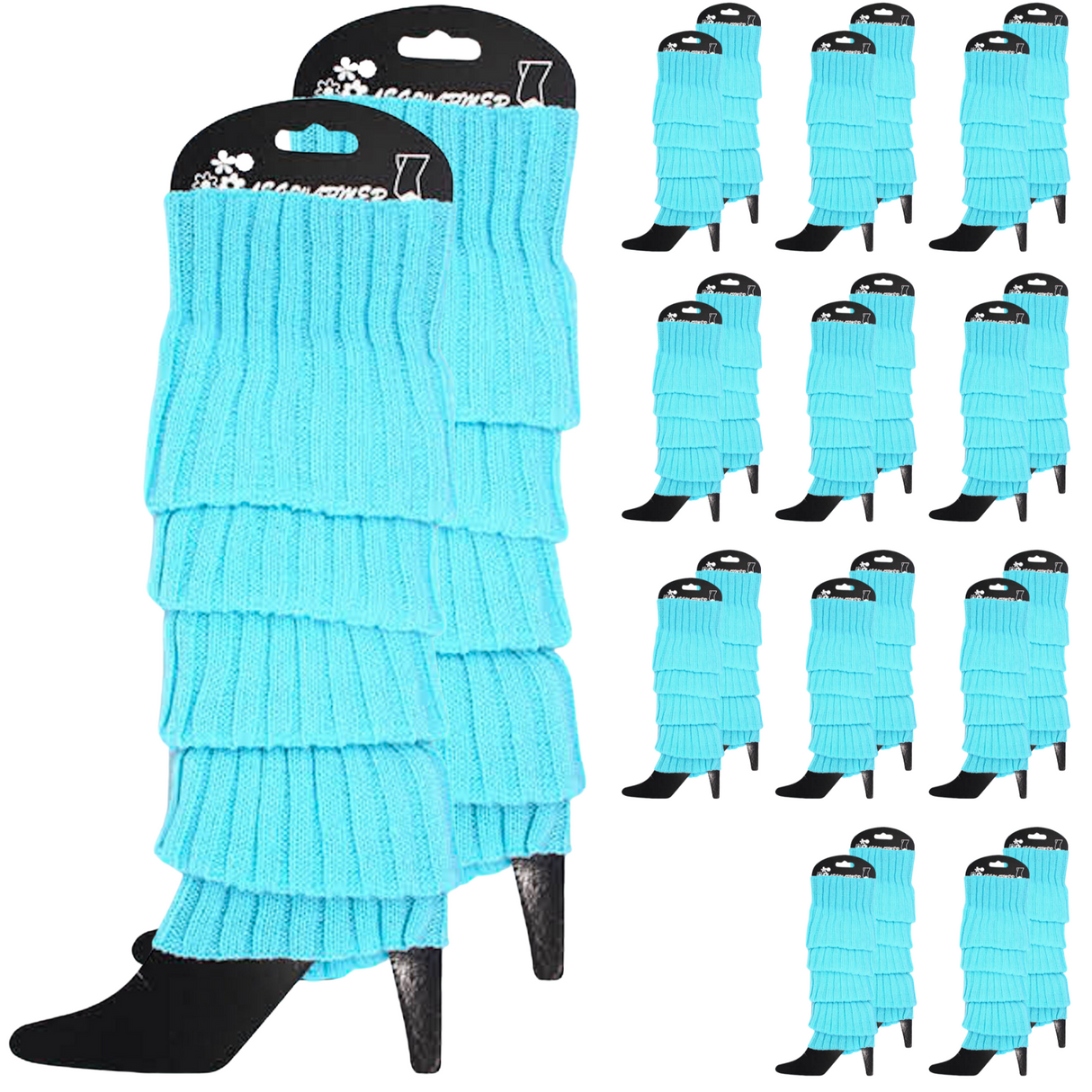12x Sky Blue Ribbed Leg Warmers Bulk Pack - Womens Dance Costume/80s Party