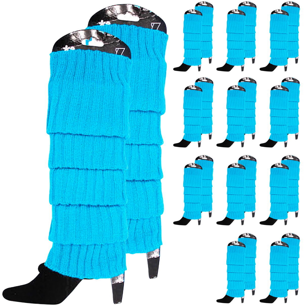 12x Topaz Blue Ribbed Leg Warmers Bulk Pack - Womens Dance Costume/80s Party