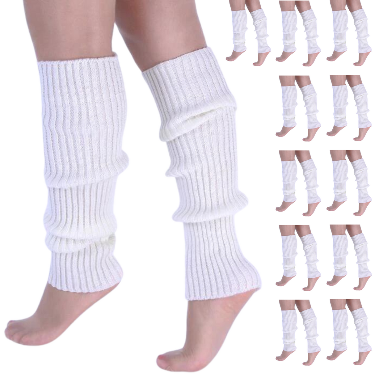 12x White Ribbed Leg Warmers Bulk Pack - Womens Dance Costume/80s Party