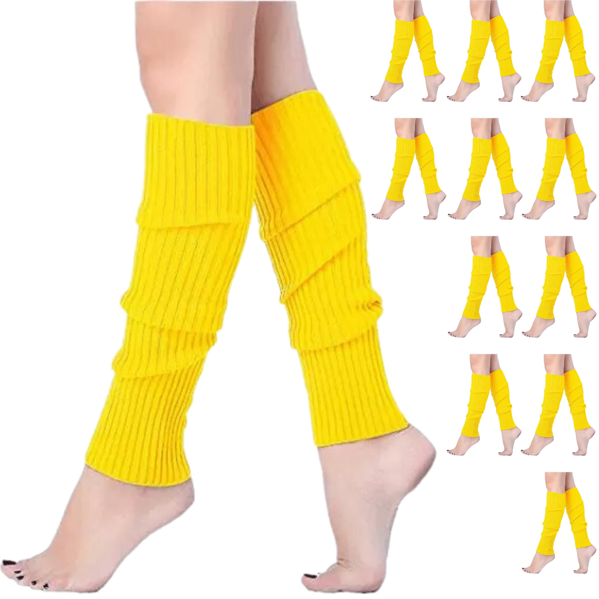 12x Yellow Ribbed Leg Warmers Bulk - Womens Dance Costume/80s Party
