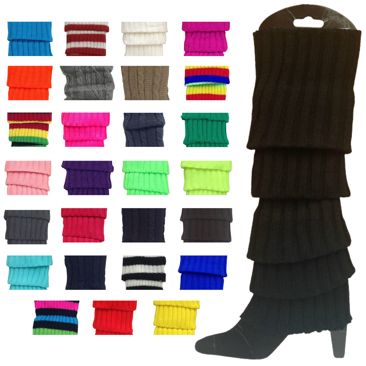 12x Assorted Colours Ribbed Leg Warmers Bulk Pack - Womens Dance Costume/80s Party