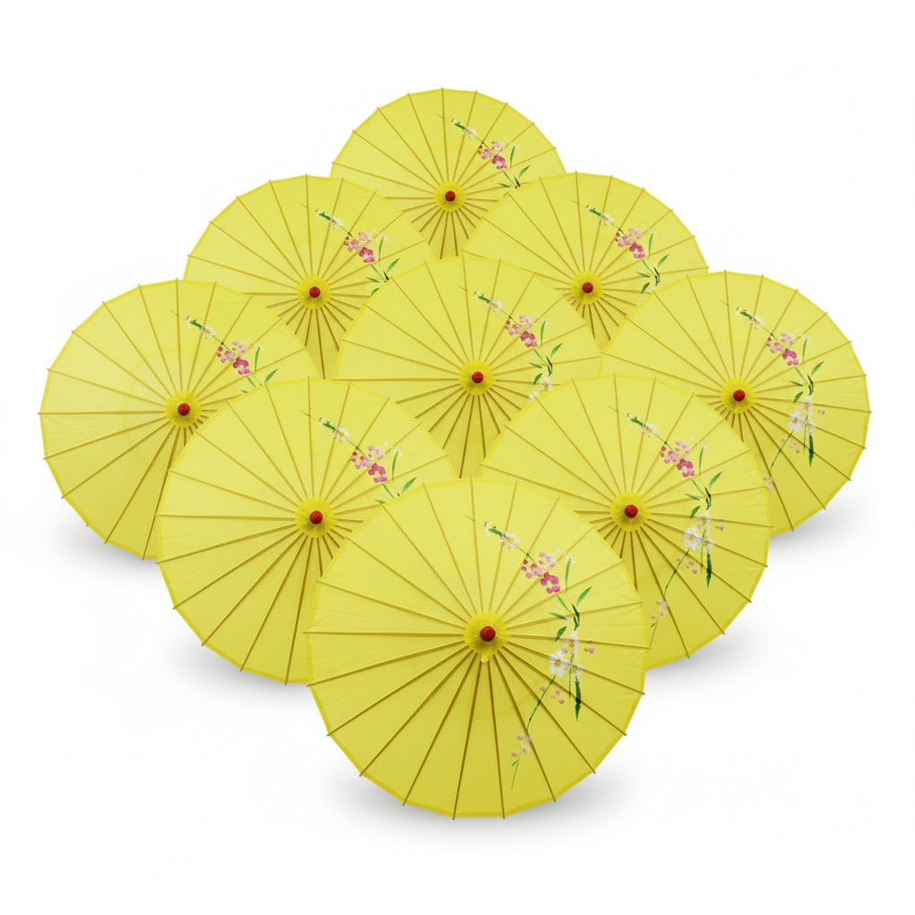 12x PARASOL UMBRELLA Chinese Japanese Bamboo Flower Pattern 80cm Large BULK - Yellow